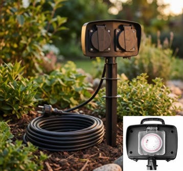 Grondspies met 2x stopcontacten + Timer | 5 meter kabel, Tuin en Terras, Buitenverlichting, Ophalen of Verzenden, Nieuw, Spots