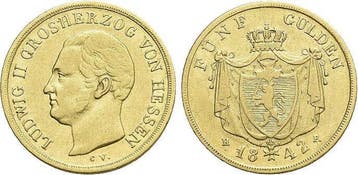 Goud 5 Gulden 1842 Cv Hessen-darmstadt Ludwig Ii 1830-1848, Verzenden