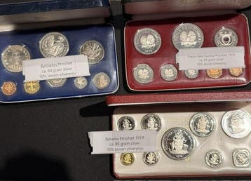 3 x Proofset Bahamas, Papua New Guinea en Barbados, Verzenden, Guinee, Losse munt, Zilver