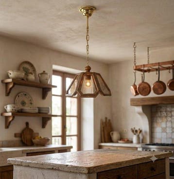 Plafondlamp - gegraveerd glas, IJzer, Walnoot - Houten