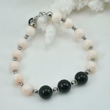 Koraal - Zilver - Armband - Roze koraal en onyx, Antiek en Kunst