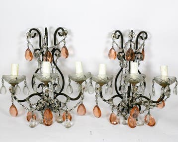 Wandkandelaar (2) - bewerkt metaal, transparant Murano-glas
