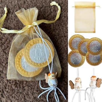 Give-away met geluksengeltje en 2 chocolade bitcoin munten, Verzenden, Nieuw, Feestartikel, Verjaardag