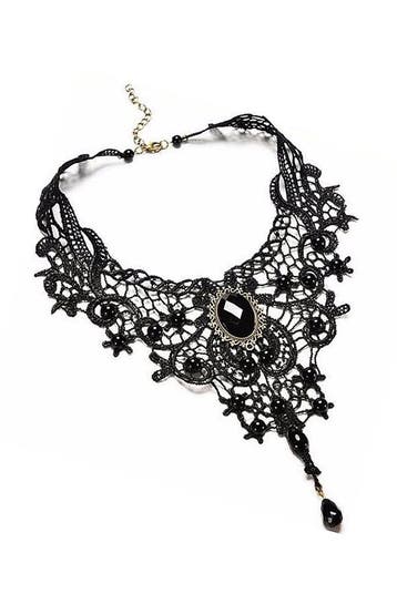 KIMU® Ketting Kant Zwart Steen Steampunk Zwarte Kanten Colla, Kunststof, Verstelbaar, Zwart, Nieuw