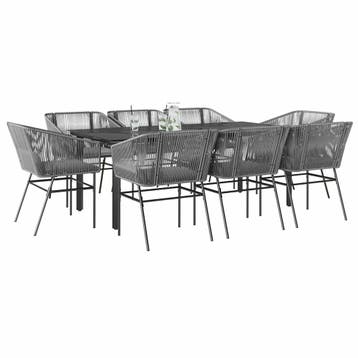 vidaXL 9-delige Tuinset met kussens poly rattan glas grijs, Nieuw, 8 zitplaatsen, Tuinset, Verzenden