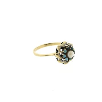 Vintage gouden ring met turquoise en parel, Gebruikt, 19 tot 20, Ophalen of Verzenden, Met edelsteen