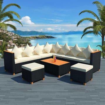 vidaXL 7-delige Loungeset met kussens poly rattan zwart, Verzenden, Nieuw, 7 zitplaatsen, Loungeset