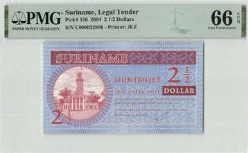 2004 Suriname 2½ Dollars Pick 156 Pmg Gem Unc 66 Epq, Verzenden