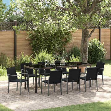 vidaXL Tuin eettafelset 9 st Zwart en Grijs PE Rattan, Verzenden, Nieuw, Rotan, Meer dan 8 zitplaatsen