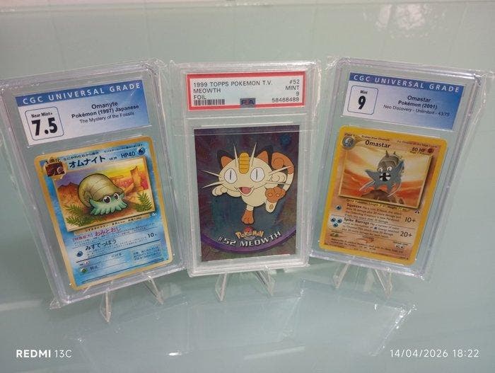 Pokémon - 3 Graded card - Omanyte, Meowth, Omastar 43/75;, Hobby en Vrije tijd, Verzamelkaartspellen | Pokémon