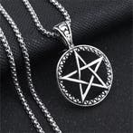 Lange heren ketting Gothic Pentagram rond zilverkleurig, Verzenden, Nieuw, Zilver, Overige materialen