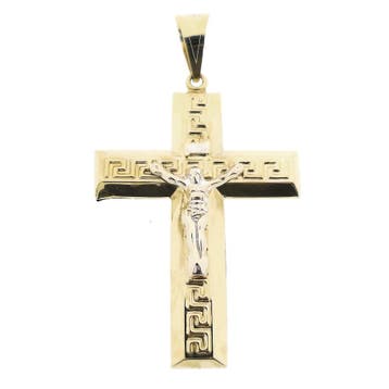 Bicolor gouden hanger van een groot kruis met corpus INRI., Ophalen of Verzenden, Gebruikt, Goud, Overige merken