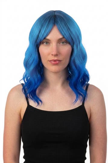 KIMU® Luxe Blauwe Pruik Schouderlengte Schuine Pony Krullen, Kleding | Dames, Carnavalskleding en Feestkleding, Ophalen of Verzenden