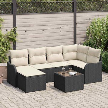 vidaXL Tuin Sofa Set 7 st Zwart en Wit poly rattan, Verzenden, Nieuw, Rotan, 7 zitplaatsen