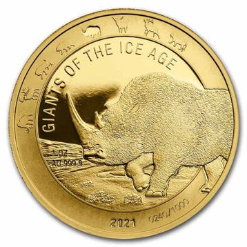 Gouden Ghana Giants of the Ice Age 1 oz 2021 Woolly Rhino, Verzenden, Overige landen, Losse munt, Goud