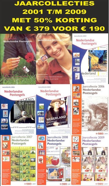 Jaarcollecties  2001 t/m 2009 postfris nominaal 50% KORTING, Postzegels en Munten, Postzegels | Nederland, Ophalen of Verzenden