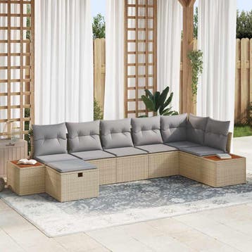 vidaXL Tuin Sofa Set met kussen 7 pcs Beige Poly riet, Verzenden, Nieuw, Rotan