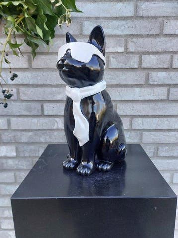 Beeld, black cat with tie and sunglasses - 29 cm - polyresin