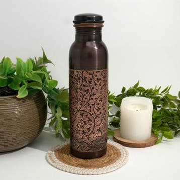 Puur koperen waterfles antique gegraveerd ± 950 ml (zware, Ophalen of Verzenden, Nieuw