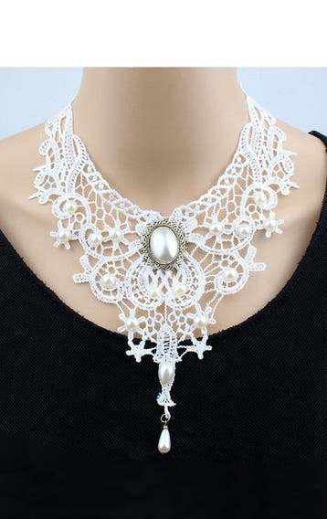 KIMU® Ketting Kant Wit Steen Steampunk Lolita Witte Kanten C, Sieraden, Tassen en Uiterlijk, Kettingen, Kunststof, Verstelbaar