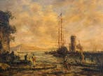 Europese school (XIX) - Harbor Scene with Sailing Ship, Antiek en Kunst, Kunst | Schilderijen | Klassiek