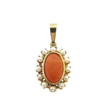 Gouden hanger met bloedkoraal en parel; 14 karaat, Ophalen of Verzenden, Gebruikt, Goud, Overige merken