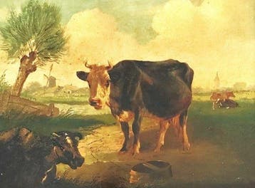 Johannes van Bergen(XIX) - Landschap met vee., Antiek en Kunst, Kunst | Schilderijen | Klassiek