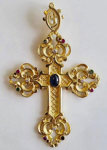 Kruishanger - 18 karaat Geel goud - 13.00ct. tw. Saffier -