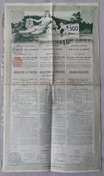 Roemenië. 1906 - Stadt Jassy - 4½% Anleihe Goldlei 500