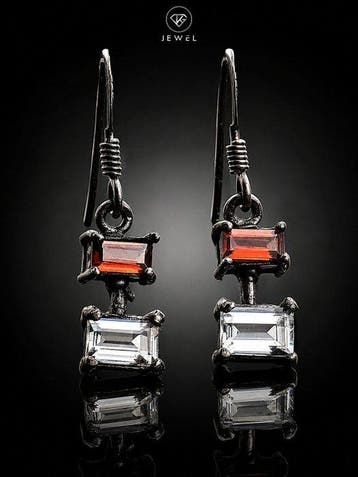 Oorbellen met rode granaat en witte topaas - Sterling zilver