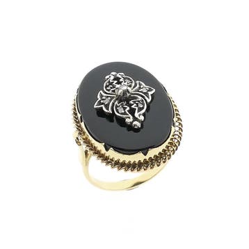 Antieke Victoriaanse goud met zilveren ring met onyx en d..., 18 tot 19, Gebruikt, Ophalen of Verzenden, Met edelsteen