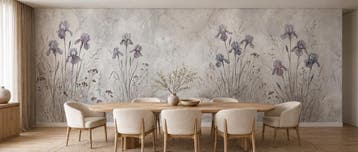 Bloemen behang – lila irissen op zachte steenlook, Bloemen, Overige merken, Ophalen of Verzenden, Fotobehang