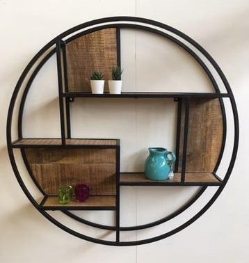 Rond wandrek staal + mangohout, 80 cm., Huis en Inrichting, Woonaccessoires | Wandplanken en Boekenplanken, Verzenden, Nieuw