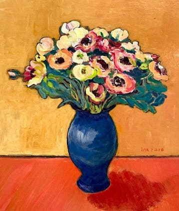 Ina van der Wateren (1946) - Anemonen en ranonkels in blauwe