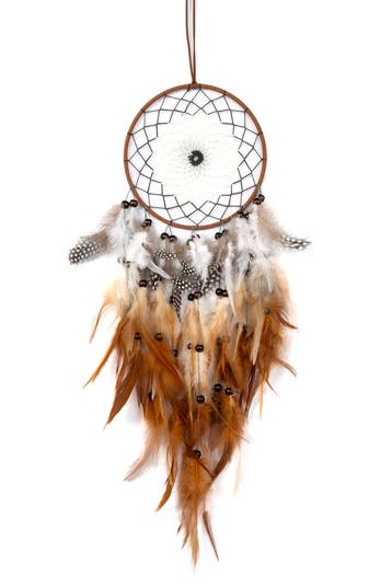 KIMU® Dromenvanger Bruin Wit Dreamcatcher Veren Macramé Bohe, Ophalen of Verzenden, Nieuw, Feestartikel, Carnaval