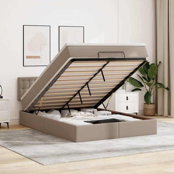 vidaXL Bed poef met matrassen en LEDs 140x200cm kunstleer, Overige materialen, Bruin, Verzenden, 140 cm