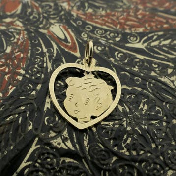 Gouden hanger van een hart met een jongens kinderkopje, Ophalen of Verzenden, Gebruikt, Goud, Overige merken