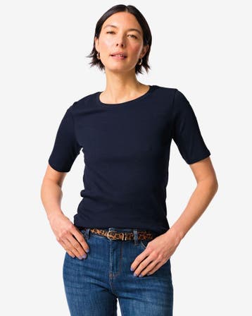 HEMA Dames T-shirt Clara regular fit rib donkerblauw, Verzenden, Nieuw