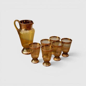Drinkset (7) - 6 glazen met karaf - Glas - gouden decoraties