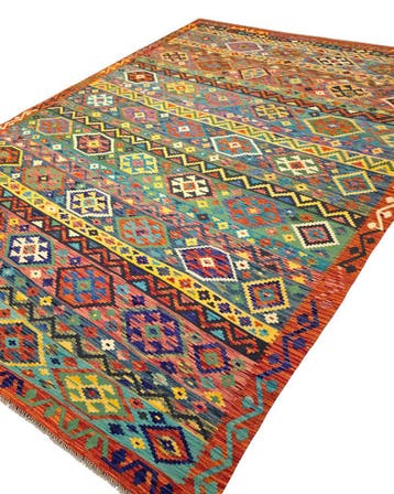 Groot Kelim tapijt Afghan perzisch 358x255 wollen vloerkleed, Blauw,  Perzisch tapijt kelim killim wollen vloerkleed handgeknoopt 
