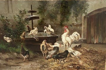 E. Meneghelli (1907-?) - Cortile di fattoria con galline