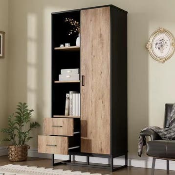 Highboard Kast Houtlook – Zwart Frame, Deur, Lades, Vakken, Huis en Inrichting, Kasten | Overige, Verzenden, Nieuw