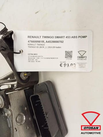 Renault Twingo Smart 453 ABS Pomp 476600981R A4539000702, Ophalen, Gebruikt, Renault