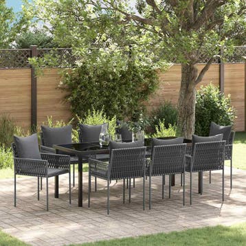 vidaXL Tuin eettafelset 9 st Zwart en Grijs PE Rattan, Verzenden, Nieuw, Rotan, Meer dan 8 zitplaatsen