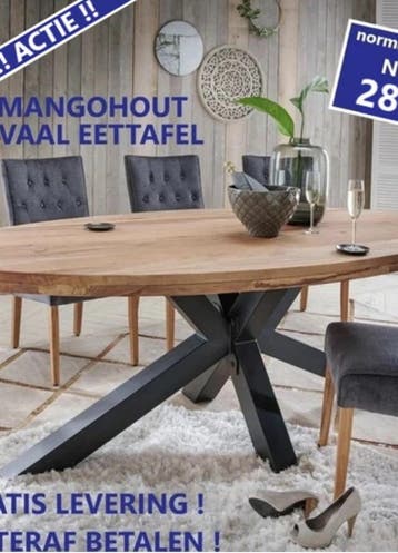 *** ACTIE VAN DE DAG *** OVAAL EETKAMERTAFEL MANGOHOUT € 289, Mangohout, Verzenden, Vijf personen of meer, 200 cm of meer