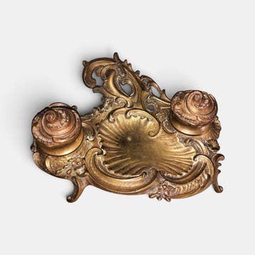 Rare Encrier Double Ancien en Bronze Doré - Style Rocaille /