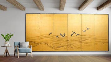Vouwscherm met kievieten boven de zee - Papier, Gelakt hout,