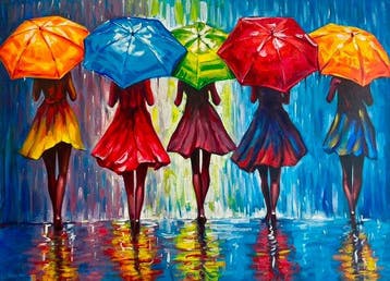 José M. (XX) - Caminata bajo la Lluvia: Cinco Sombrillas, Antiek en Kunst, Kunst | Schilderijen | Klassiek
