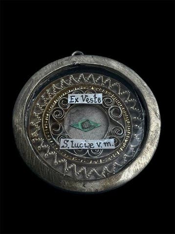 Reliekhouder - Brons, Gouden cartouche, Glas, Textiel - 20e