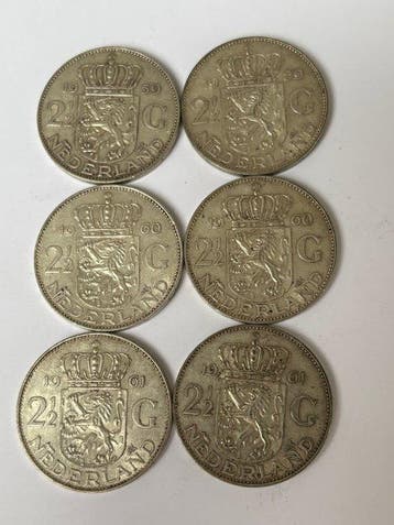 Nederland. Juliana. 2 1/2 Gulden 1959/1961, 6 stuks (Zonder, Postzegels en Munten